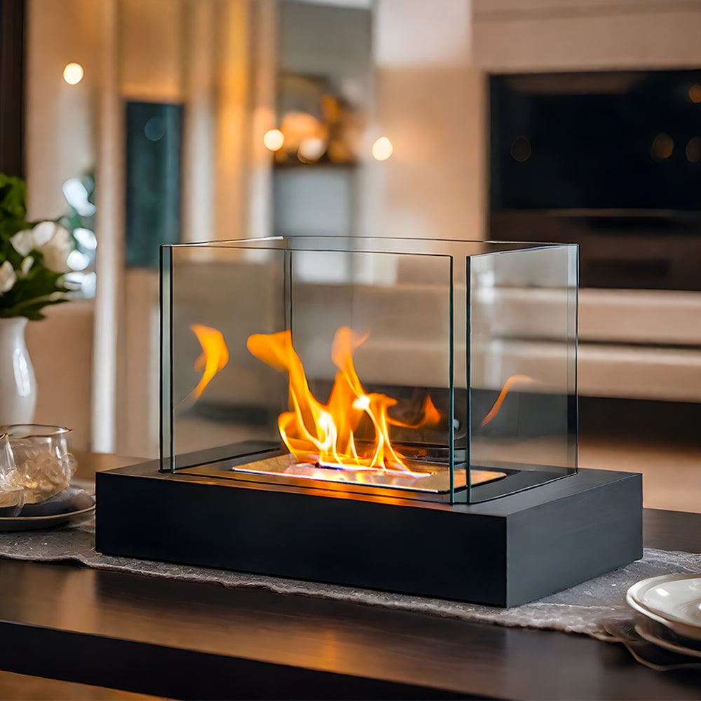 360° View Rectangular Tabletop Fire Bowl | Four-Sided Glass Bio-Ethanol Fire Pit for Patio, Deck & Indoor Decor | Modern Ventless Fireplace-2