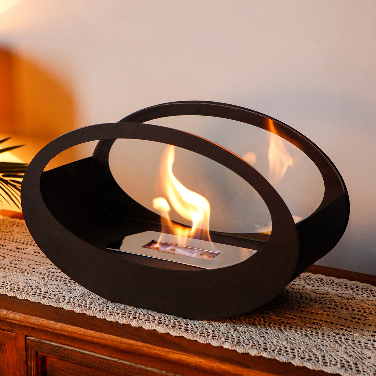16"x9.5"H Black Metal Double Sided Oval Tabletop Fireplace-4