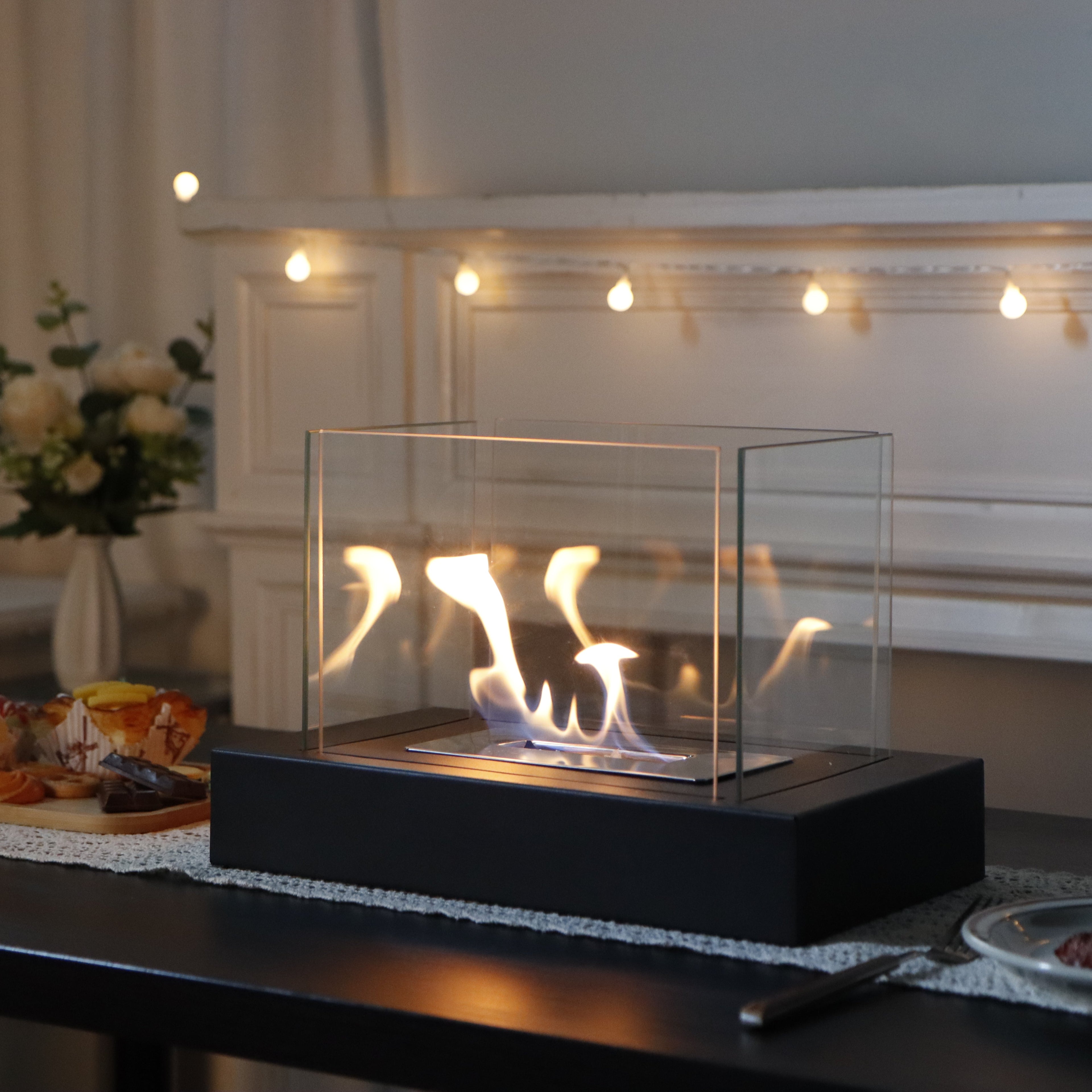 360° View Rectangular Tabletop Fire Bowl | Four-Sided Glass Bio-Ethanol Fire Pit for Patio, Deck & Indoor Decor | Modern Ventless Fireplace-1