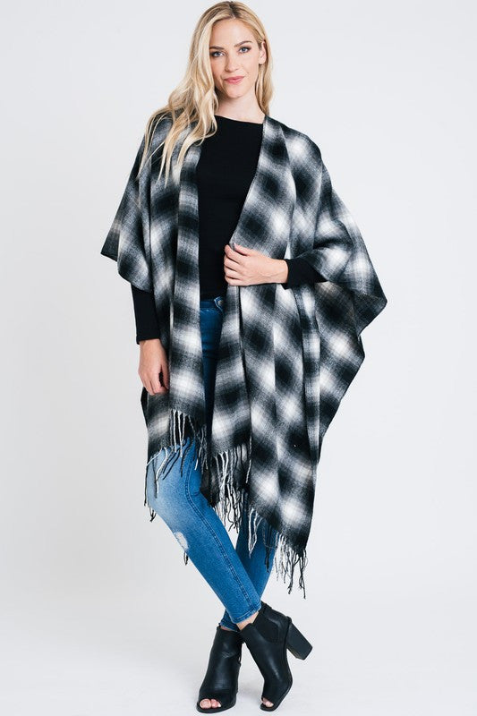 Plaid Open Front Poncho with Fringe Detail
